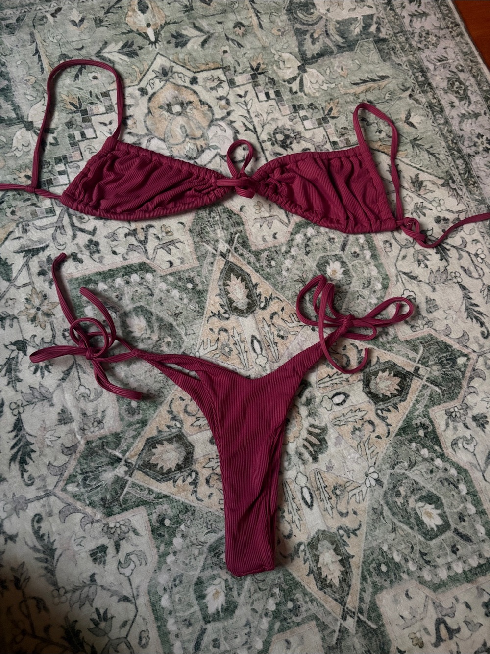 Zaful Berry Ribbed Tie-Side Bikini Set